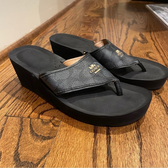 Coach Black Leather Platform Flip-Flops - Picture 1 of 4